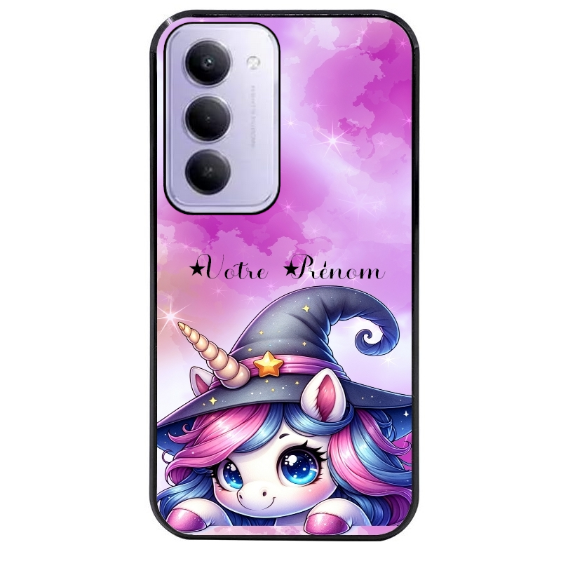 Coque noire taperso pour Redmi 15 4G et 5G avec motif licorne magic avec prenom protection antichoc personnalisée