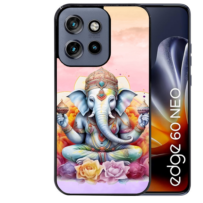Coque noire taperso pour Moto Edge 60 et Neo Fusion Pro avec motif elephant namaste protection antichoc personnalisée