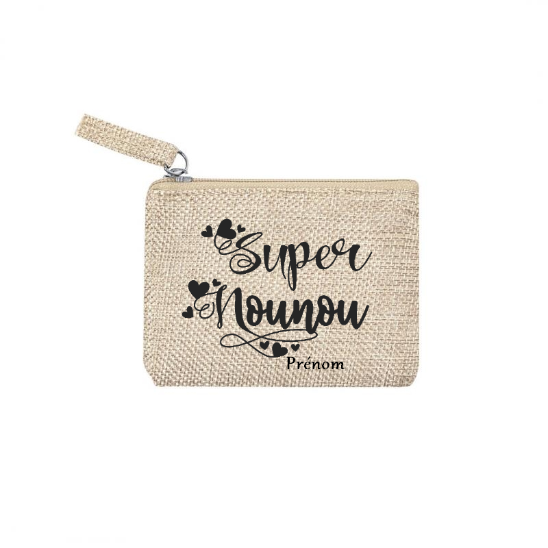 Pochette personnalisée super nounou en jute et doré en jute et doré