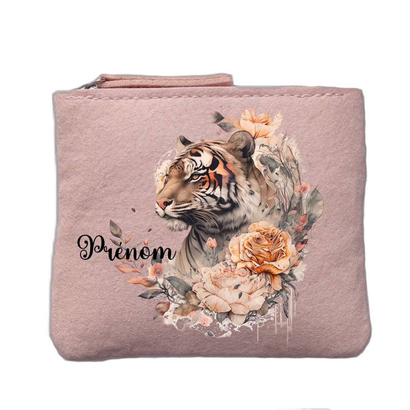 Porte monnaie personnalisé motif tigre pastel rose clair en feutrine en feutrine