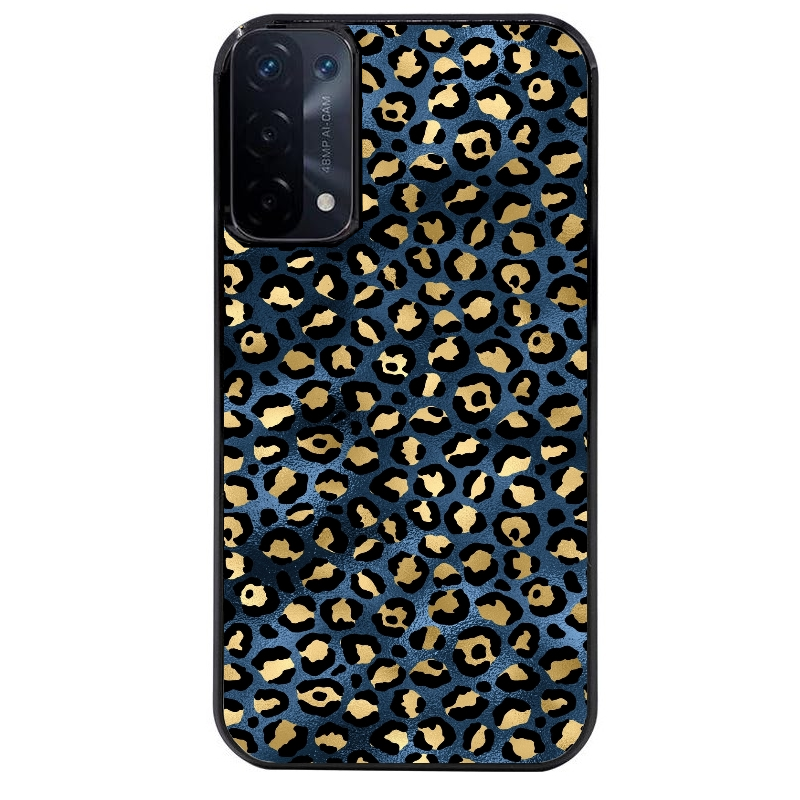 Coque noire taperso pour OPPO A54 et A74 5G avec motif leopard bleu protection antichoc personnalisée