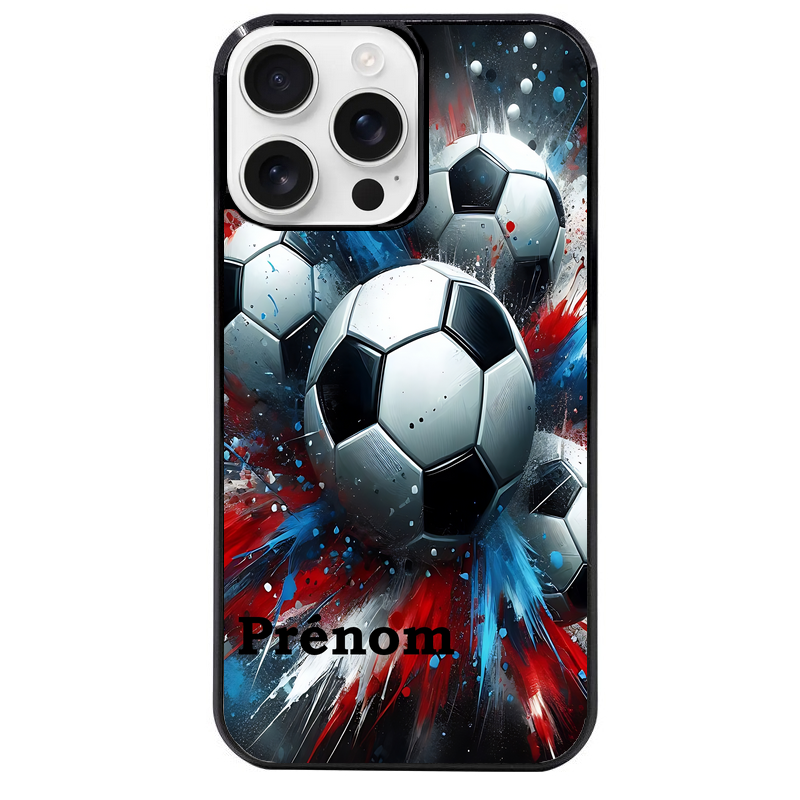 Coque noire taperso pour Iphone 16 16E PLUS MAX PRO avec motif foot tricolore personnalisee protection antichoc personnalisée