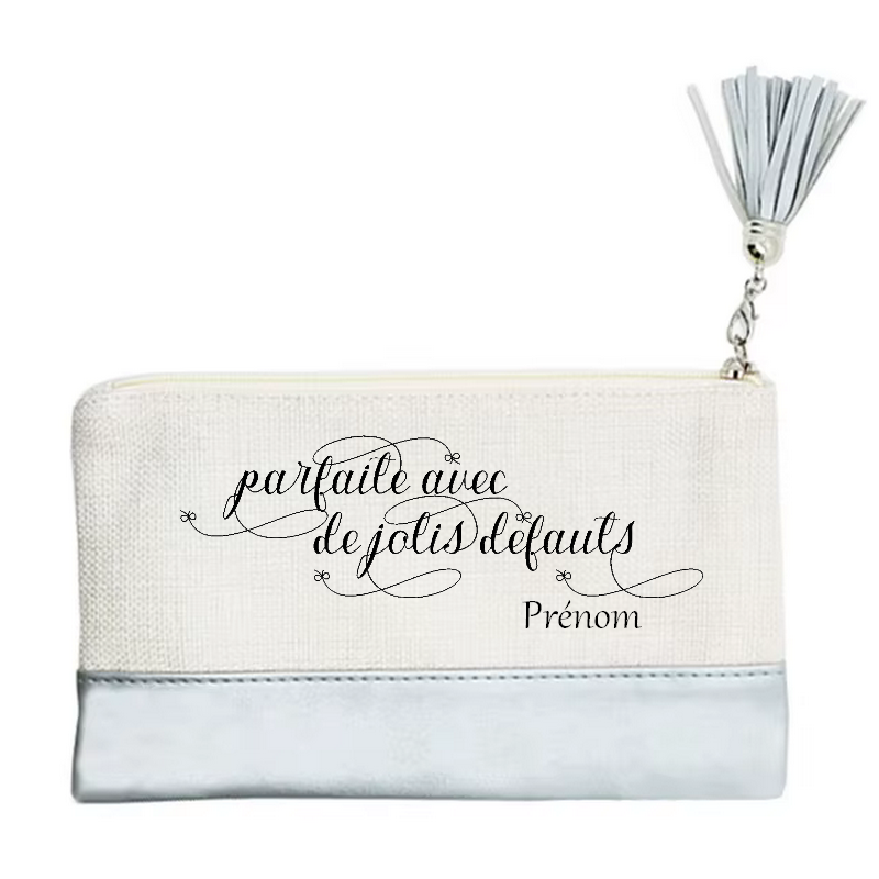 Pochette personnalisée motif parfaite defauts en toile et simili cuir personnalisée