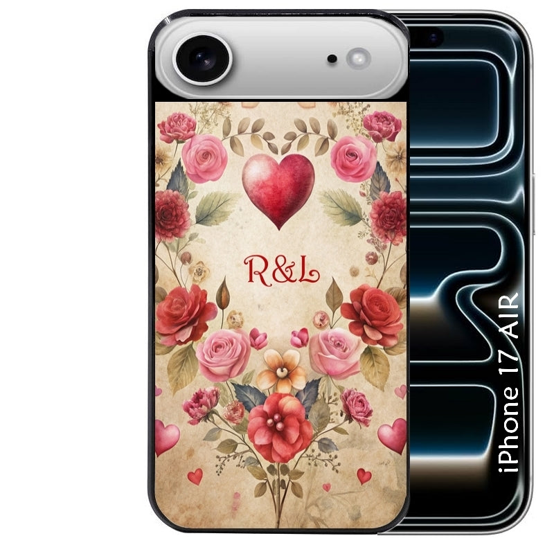 Coque noire taperso pour Iphone 17 17E AIR MAX PRO avec motif coeur vintage et initiales personnalisee protection antichoc personnalisée