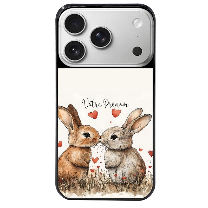 Coque noire taperso pour Iphone 17 17E AIR MAX PRO avec motif lapin coeur avec prenom protection antichoc personnalisée