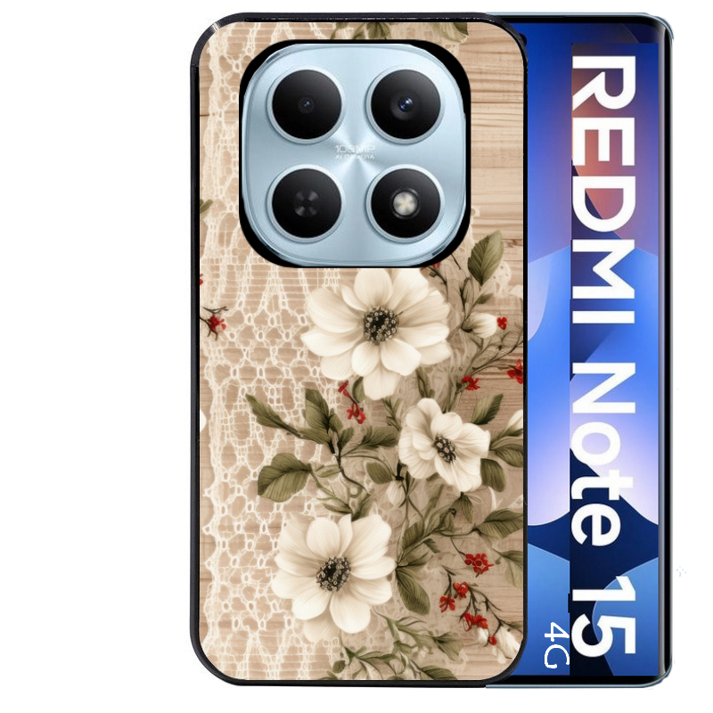 Coque noire taperso pour Redmi Note 15 et PRO PLUS 4G 5G avec motif bois et dentelle 2 protection antichoc personnalisée