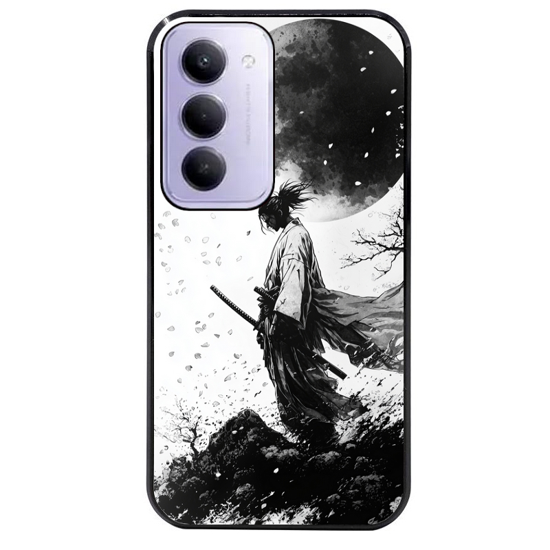 Coque noire taperso pour Redmi 15 4G et 5G avec motif samourai et lune protection antichoc personnalisée