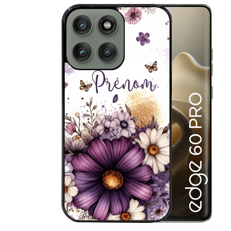 Coque noire taperso pour Moto Edge 60 et Neo Fusion Pro avec motif fleur violette personnalisee protection antichoc personnalisée