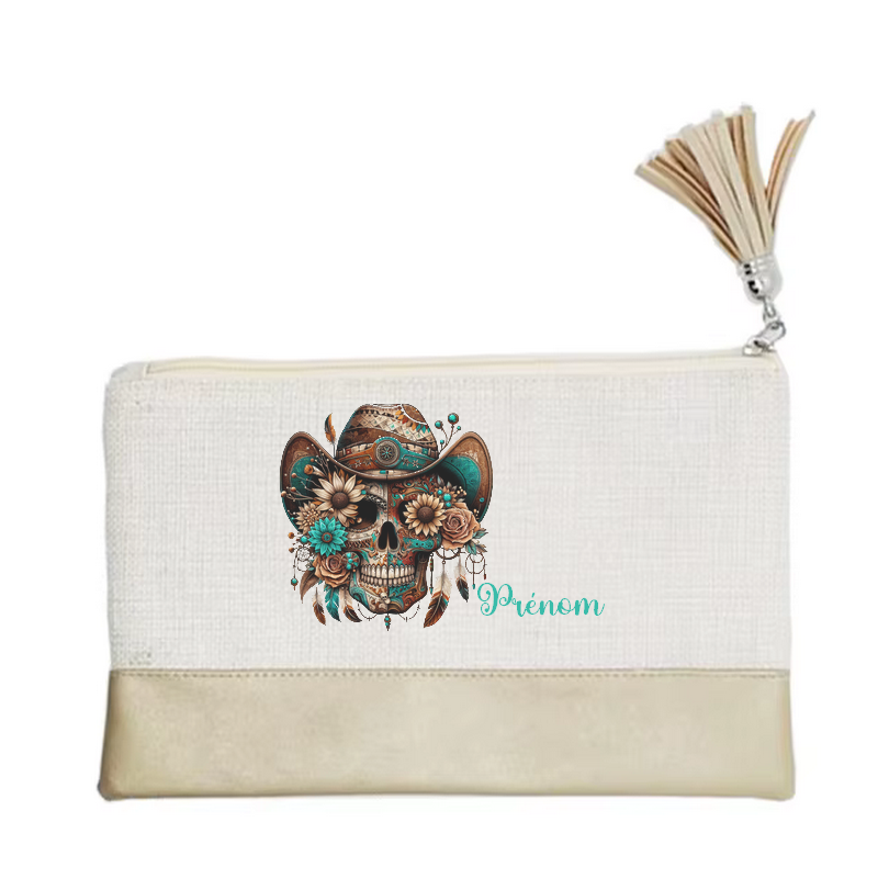 Pochette personnalisée motif tete de mort western en toile et simili cuir personnalisée