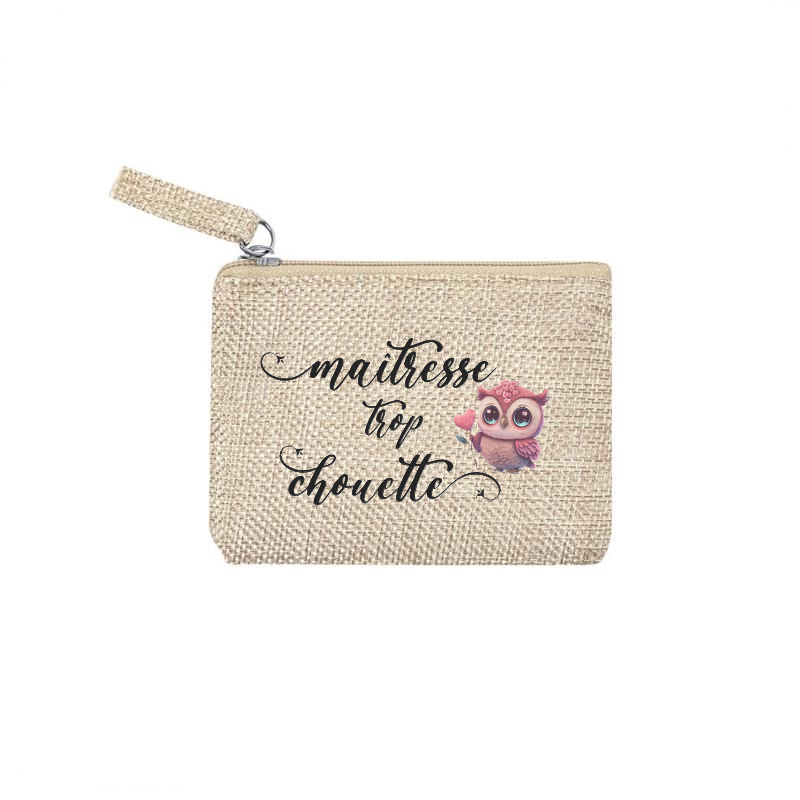 Pochette personnalisée motif maitresse chouette en toile et simili cuir personnalisée