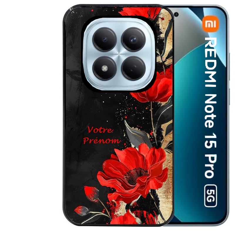 Coque noire taperso pour Redmi Note 15 et PRO PLUS 4G 5G avec motif fleur rouge avec prenom protection antichoc personnalisée