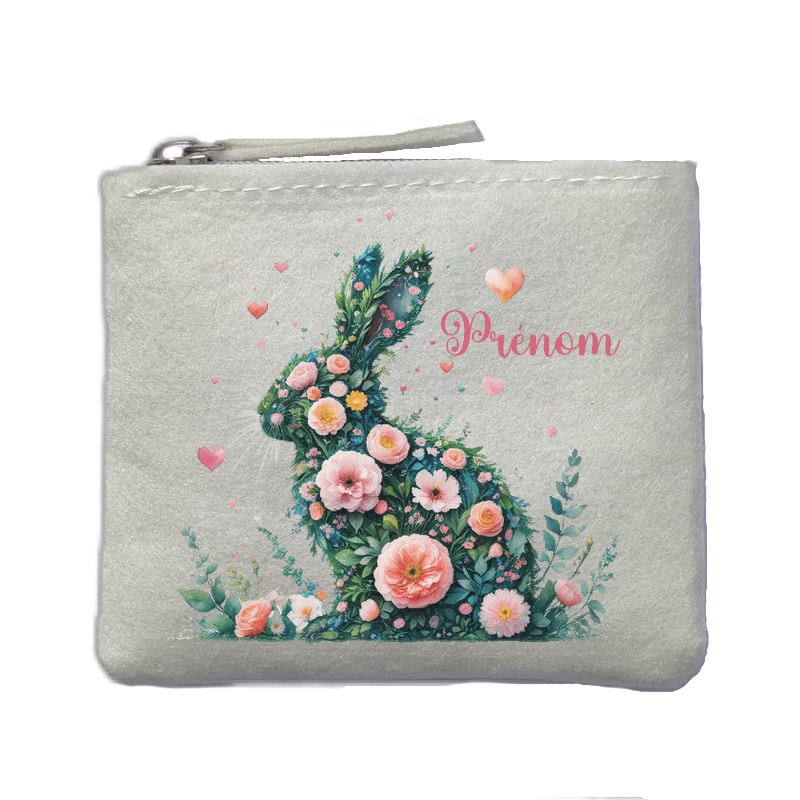 Porte monnaie personnalisé lapin fleur ivoire en feutrine en feutrine ivoire