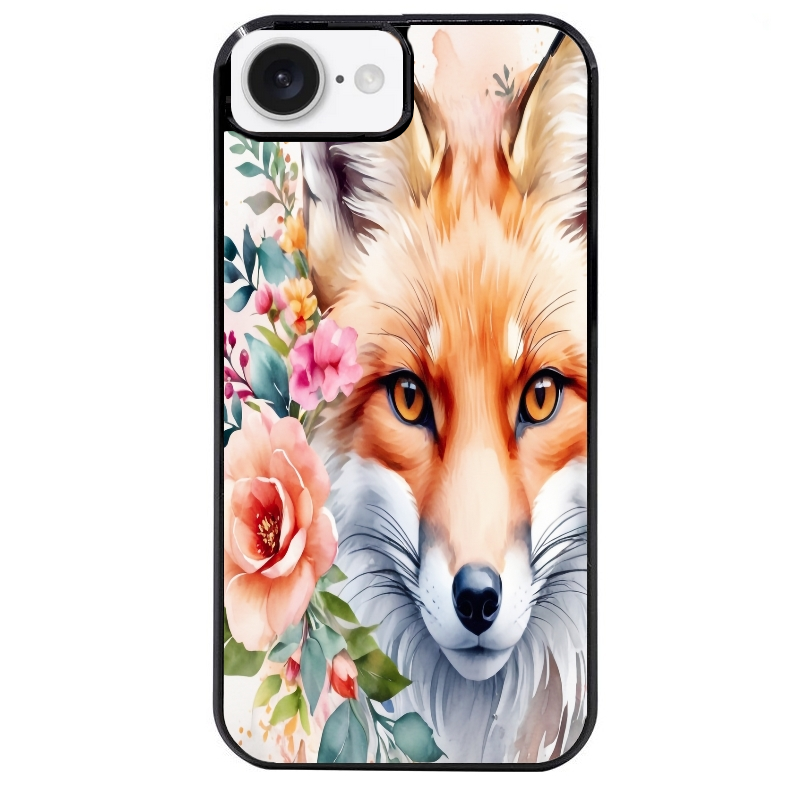 Coque noire taperso pour Iphone 16 16E PLUS MAX PRO avec motif renard fox et fleurs protection antichoc personnalisée