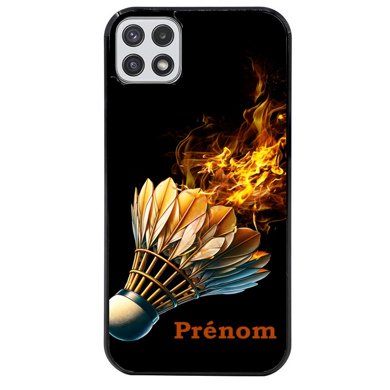 Coque noire taperso pour galaxy A22 A32 A52 A52S 4G 5G  avec motif badminton flamme personnalise protection antichoc personnalisée