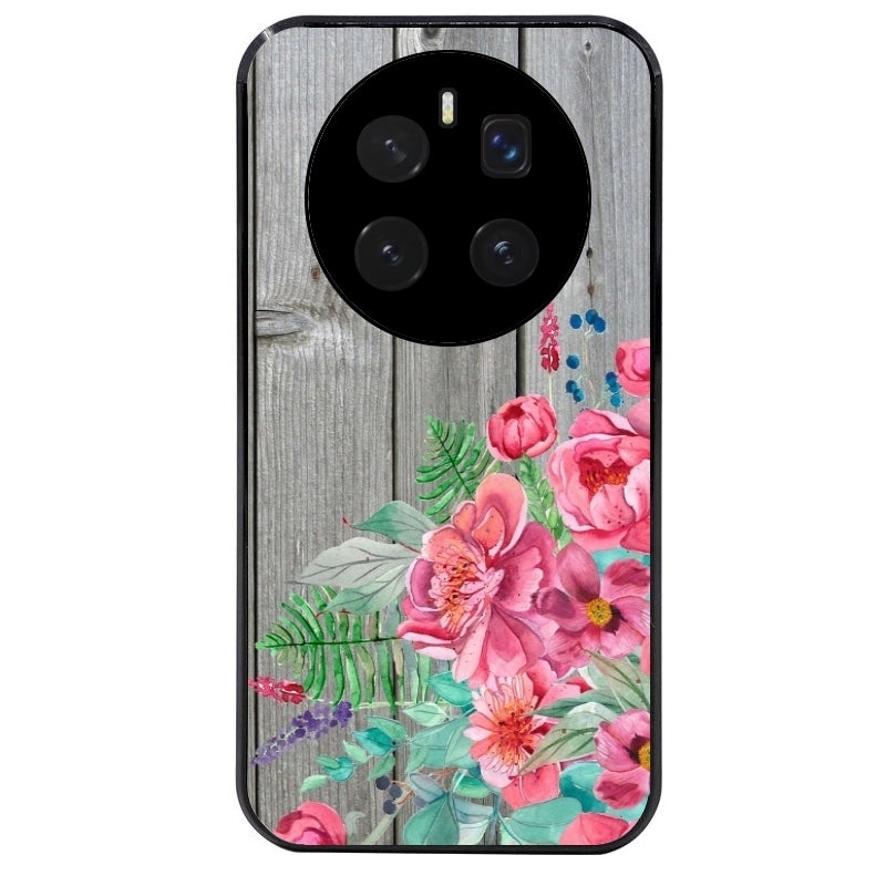 Coque noire taperso pour Magic 7 LITE et PRO avec motif bois gris et fleur rose protection antichoc personnalisée