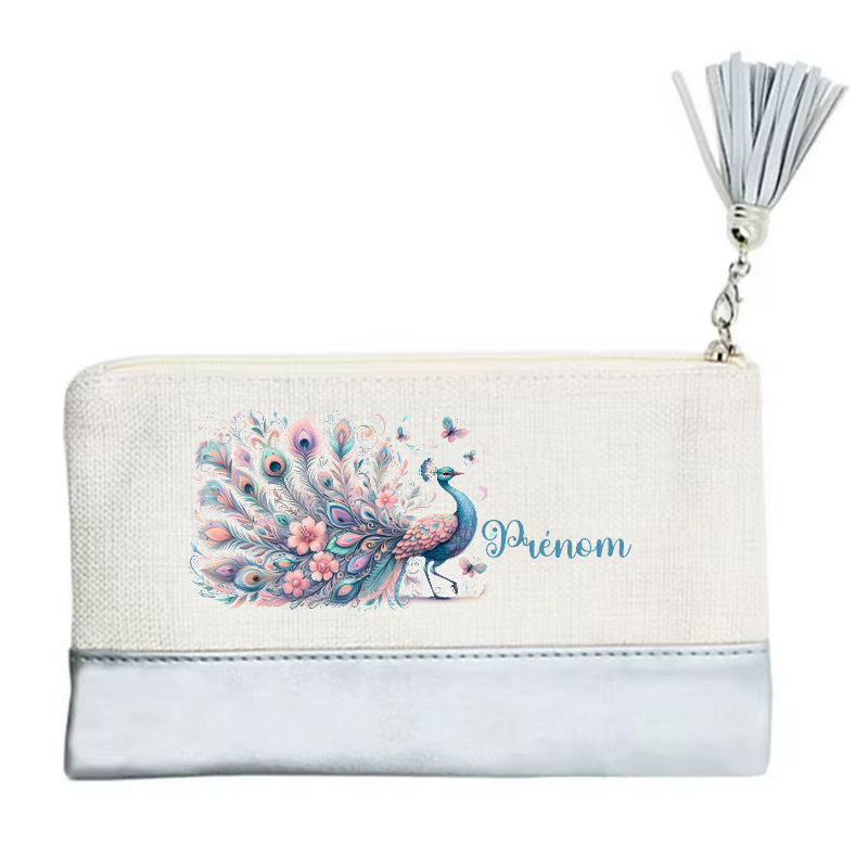Pochette personnalisée motif paon plume en toile et simili cuir personnalisée
