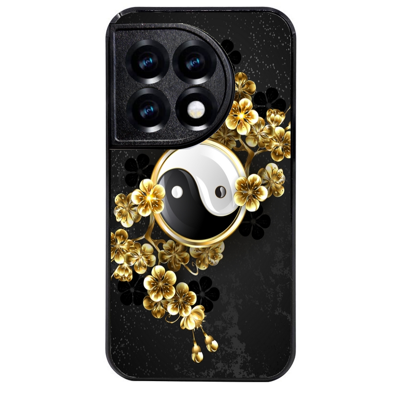 Coque noire taperso pour OnePlus 11 et 12 avec motif yin yang et fleur protection antichoc personnalisée