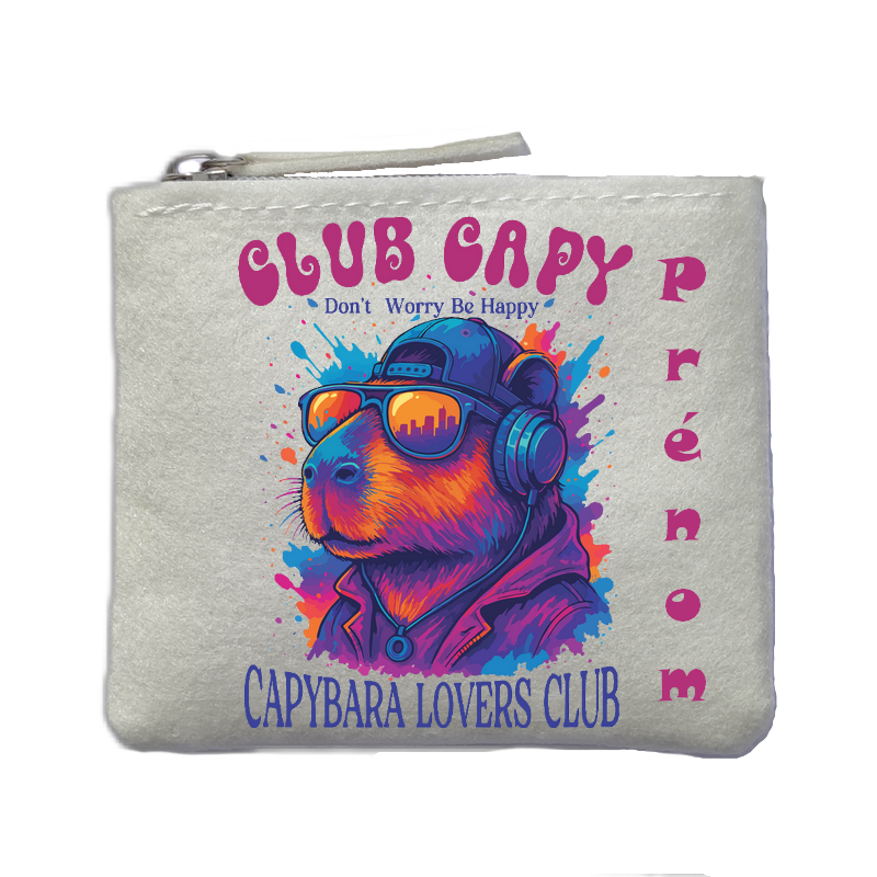 Porte monnaie personnalisé capybara club ivoire en feutrine en feutrine ivoire