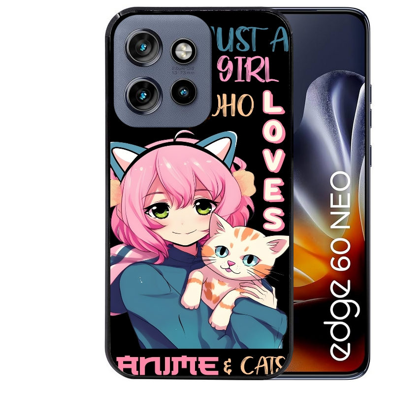 Coque noire taperso pour Moto Edge 60 et Neo Fusion Pro avec motif anime et chat protection antichoc personnalisée