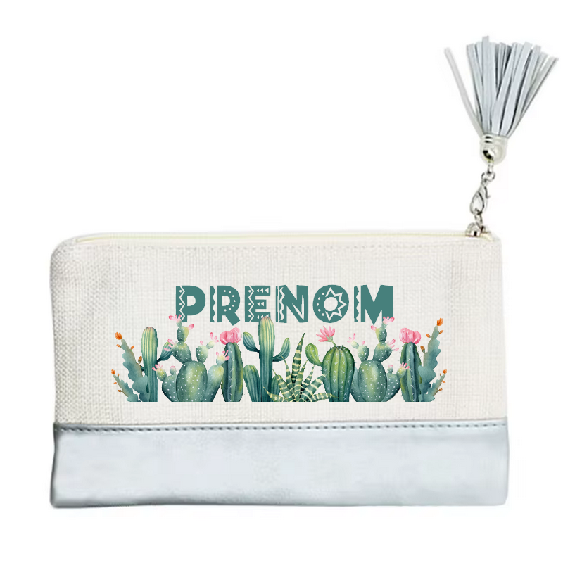 Pochette personnalisée motif cactus succulent en toile et simili cuir personnalisée