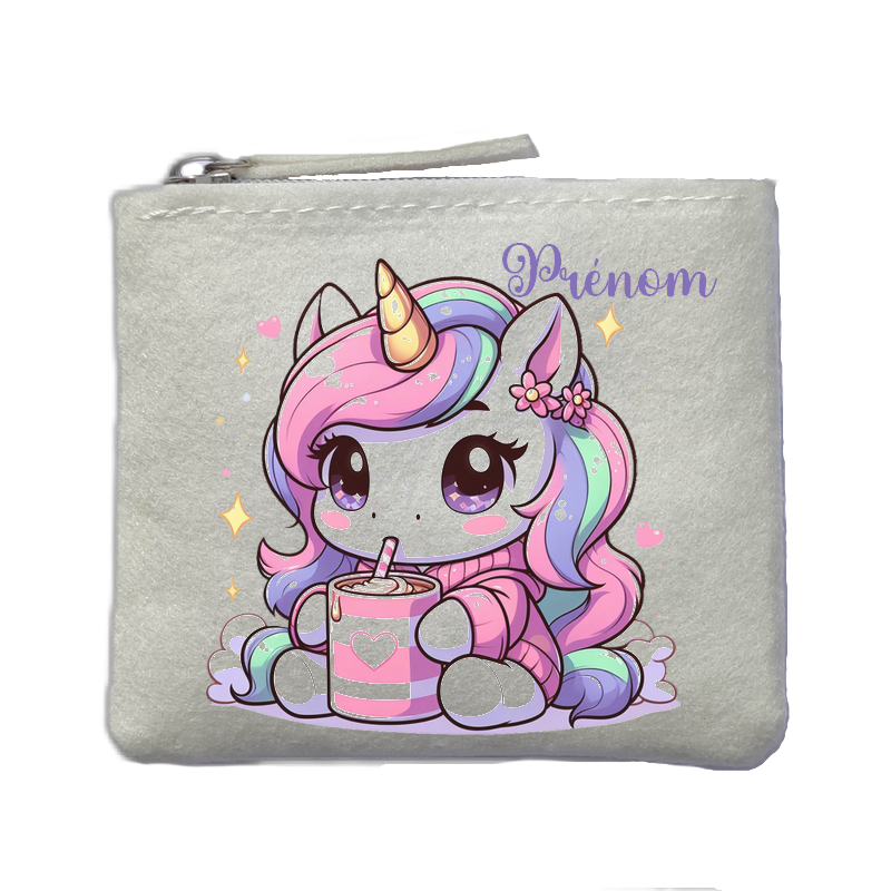 Porte monnaie personnalisé licorne kawaii ivoire en feutrine en feutrine ivoire