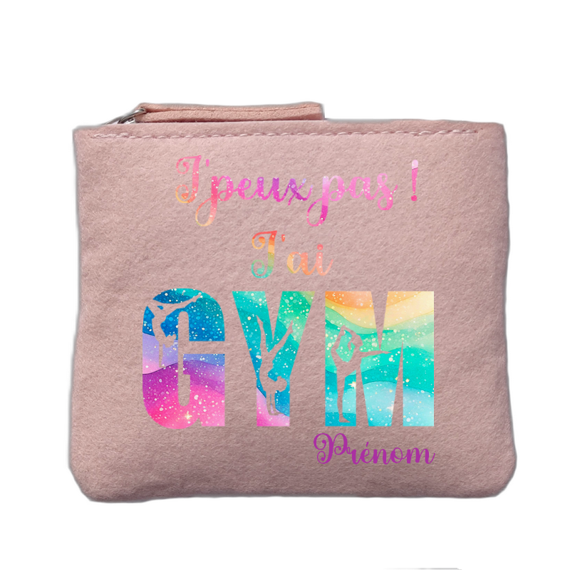 Porte monnaie personnalisé motif gym jpeux pas rose clair en feutrine en feutrine