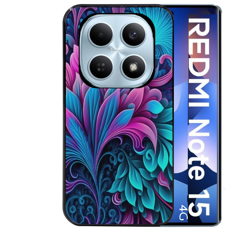 Coque noire taperso pour Redmi Note 15 et PRO PLUS 4G 5G avec motif tropical violet et des fleurs protection antichoc personnalisée