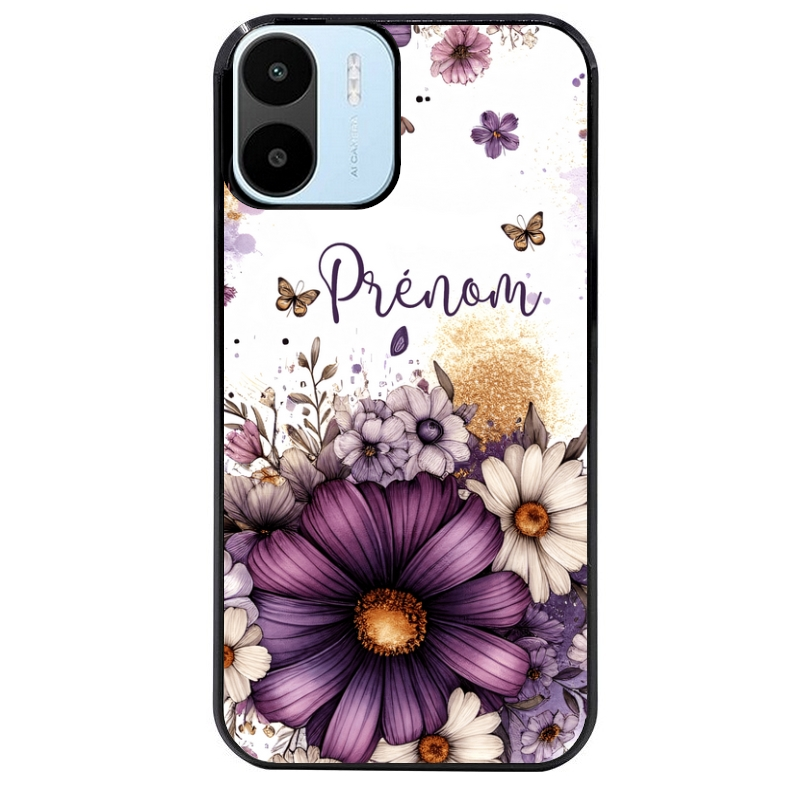 Coque noire taperso pour Redmi A1 et A2 avec motif fleur violette personnalisee protection antichoc personnalisée
