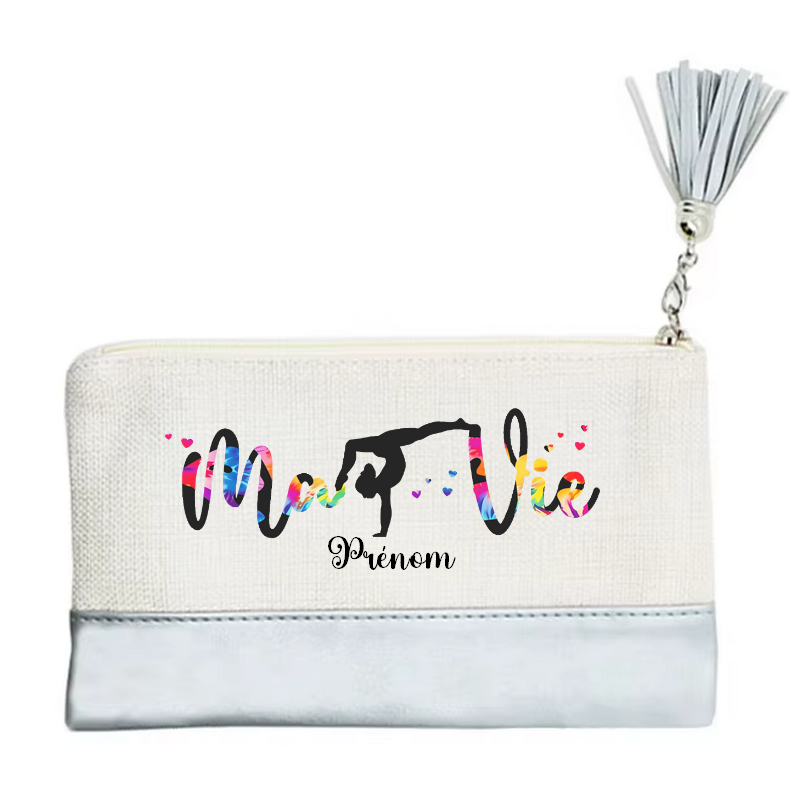 Pochette personnalisée de maquillage maniques Taperso argent avec motif gym ma vie en toile et simili cuir personnalisée