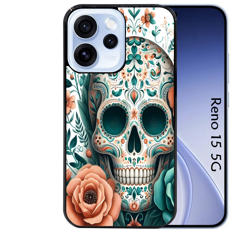 Coque noire taperso pour OPPO Reno 15 et F FS 5G avec motif mort mexicaine turquoise protection antichoc personnalisée