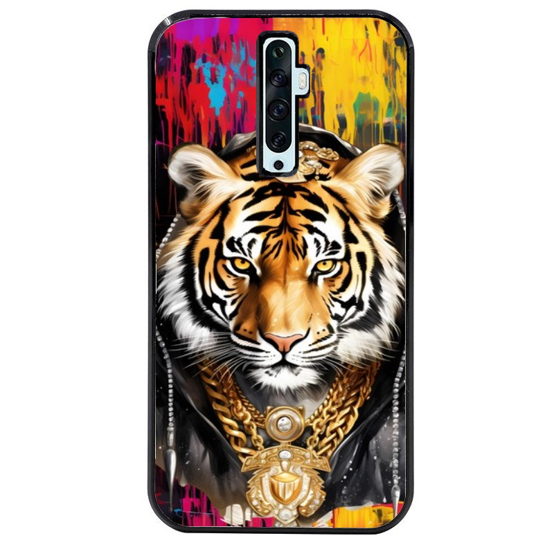 Coque noire taperso pour OPPO Reno 2 et 2Z avec motif tigre style hip hop protection antichoc personnalisée