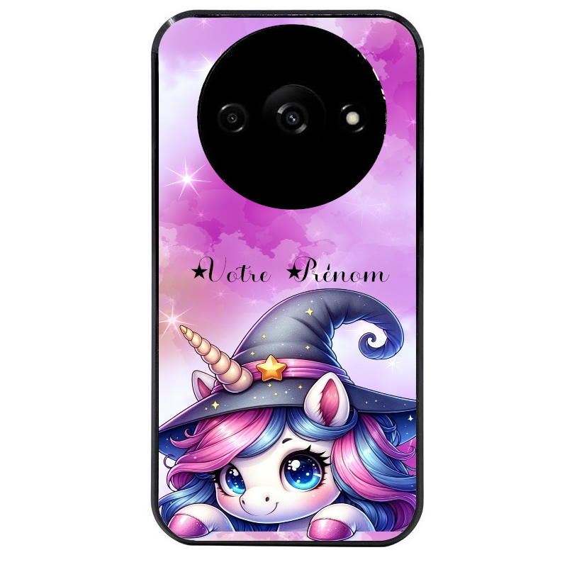 Coque noire taperso pour Redmi A3 avec motif licorne magic avec prenom protection antichoc personnalisée