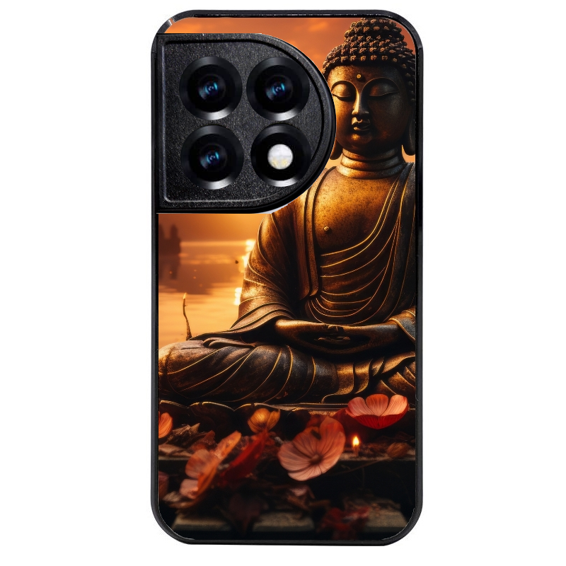 Coque noire taperso pour OnePlus 11 et 12 avec motif bouddha et soleil protection antichoc personnalisée