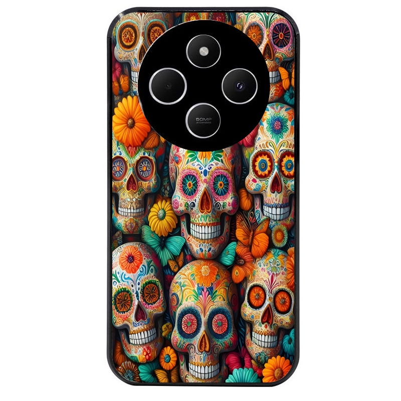 Coque noire taperso pour POCO C75 avec motif mort mexicaine papillon protection antichoc personnalisée