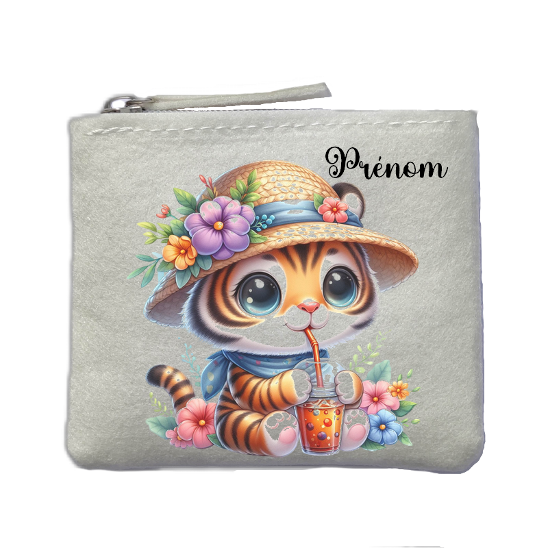 Porte monnaie personnalisé tigre bubble ivoire en feutrine en feutrine ivoire