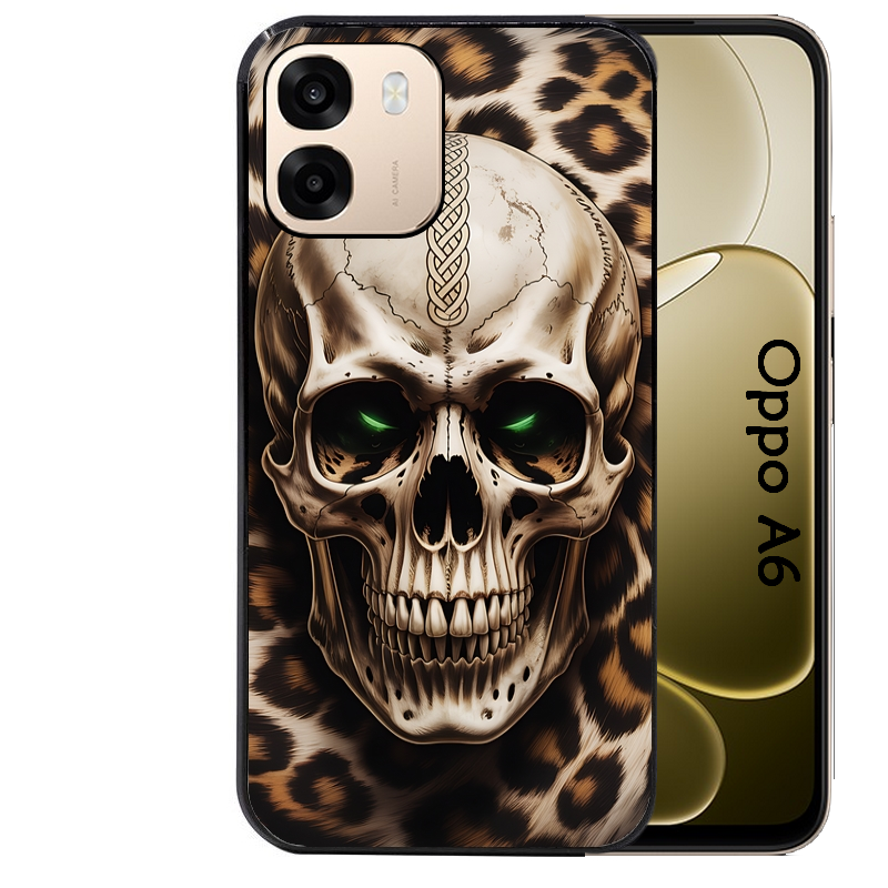 Coque noire taperso pour OPPO A6 A6X 4G et 5G avec motif tete de mort leopard protection antichoc personnalisée