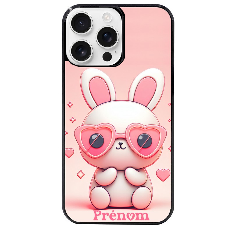 Coque noire taperso pour Iphone 16 16E PLUS MAX PRO avec motif lapin lunettes personnalisee protection antichoc personnalisée