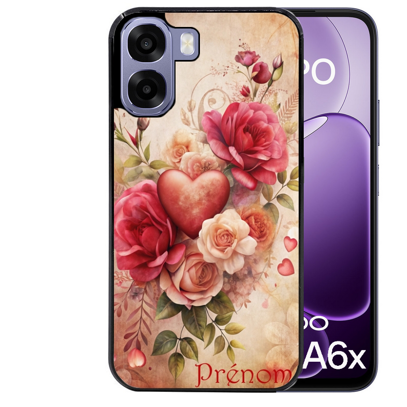 Coque noire taperso pour OPPO A6 A6X 4G et 5G avec motif coeur et fleur personnalisee protection antichoc personnalisée