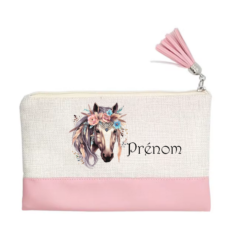 Pochette personnalisée motif cheval boho en toile et simili cuir personnalisée