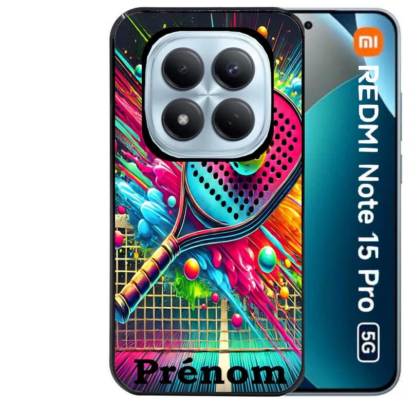 Coque noire taperso pour Redmi Note 15 et PRO PLUS 4G 5G avec motif padel raquette personnalisee protection antichoc personnalisée