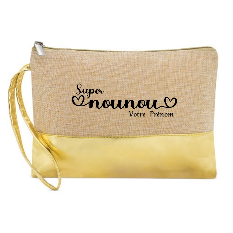 Pochette personnalisée super nounou petit cœur en jute et doré en jute et doré