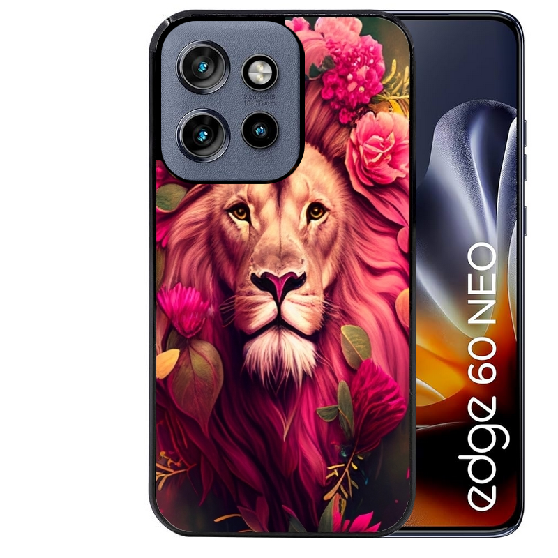 Coque noire taperso pour Moto Edge 60 et Neo Fusion Pro avec motif lion et fleurs rose protection antichoc personnalisée