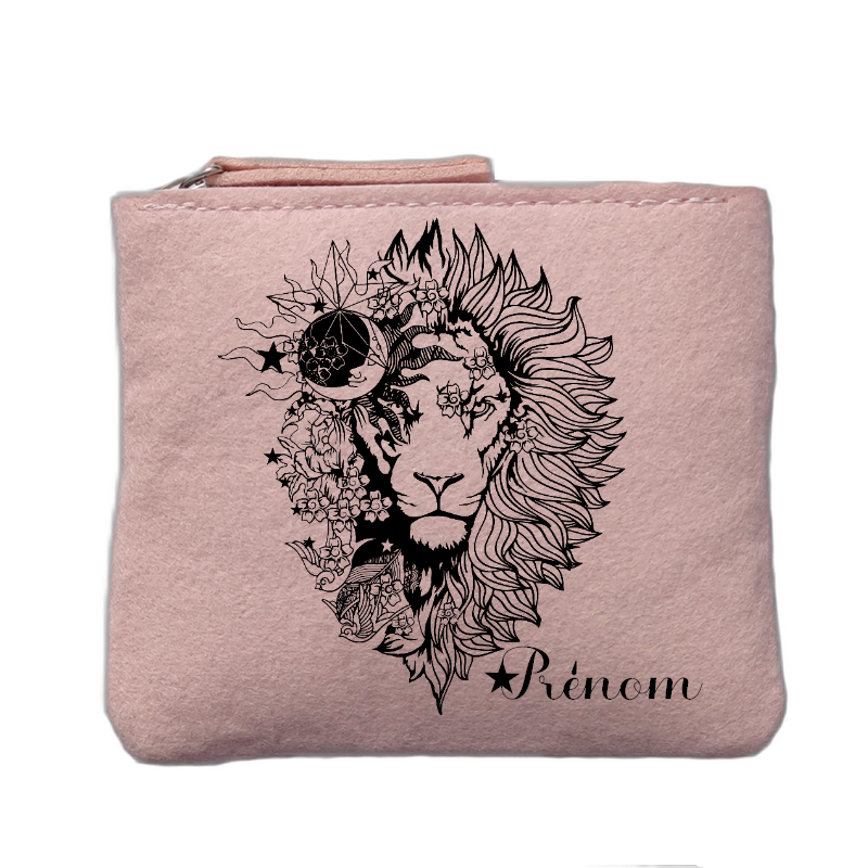 Porte monnaie personnalisé motif lion astro rose clair en feutrine en feutrine