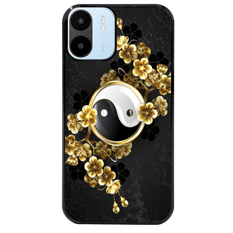 Coque noire taperso pour Redmi A1 et A2 avec motif yin yang et fleur protection antichoc personnalisée