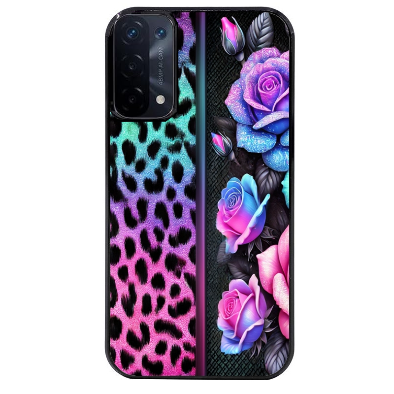 Coque noire taperso pour OPPO A54 et A74 5G avec motif leopard et fleur protection antichoc personnalisée