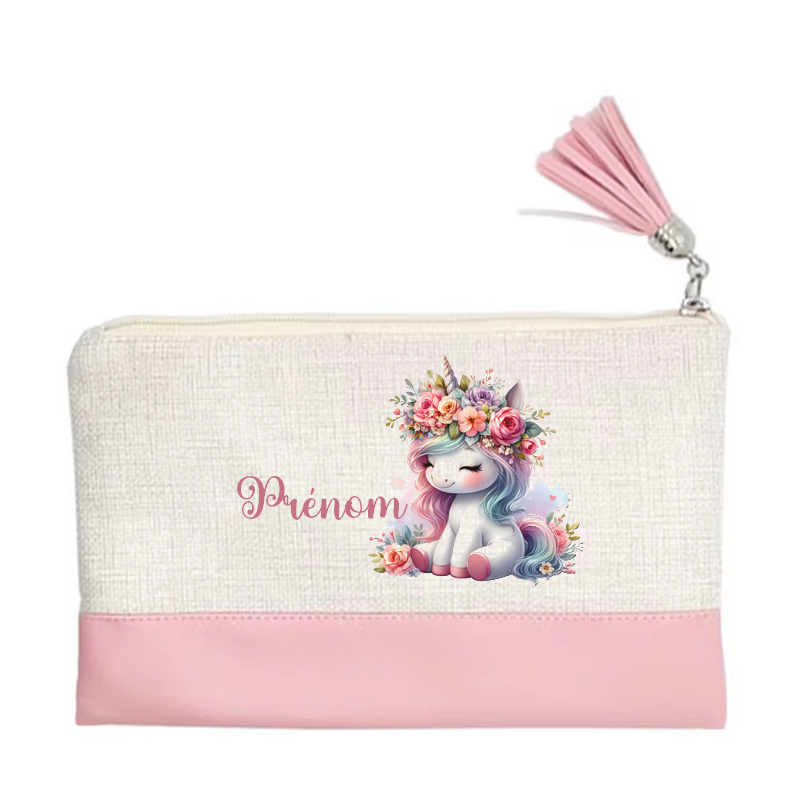 Pochette personnalisée motif licorne fleur en toile et simili cuir personnalisée