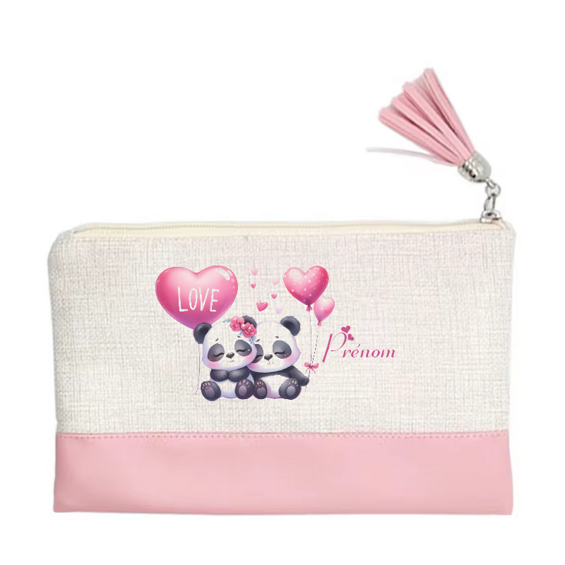 Pochette personnalisée motif panda love en toile et simili cuir personnalisée