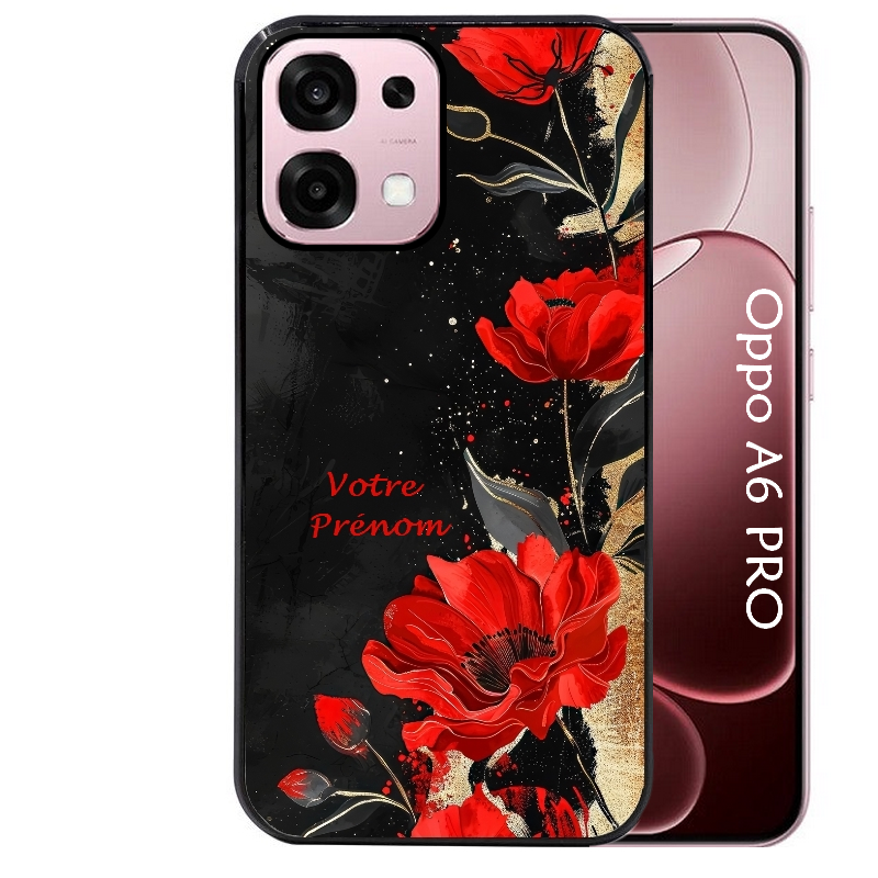 Coque noire taperso pour OPPO A6 PRO 4G et 5G avec motif fleur rouge avec prenom protection antichoc personnalisée