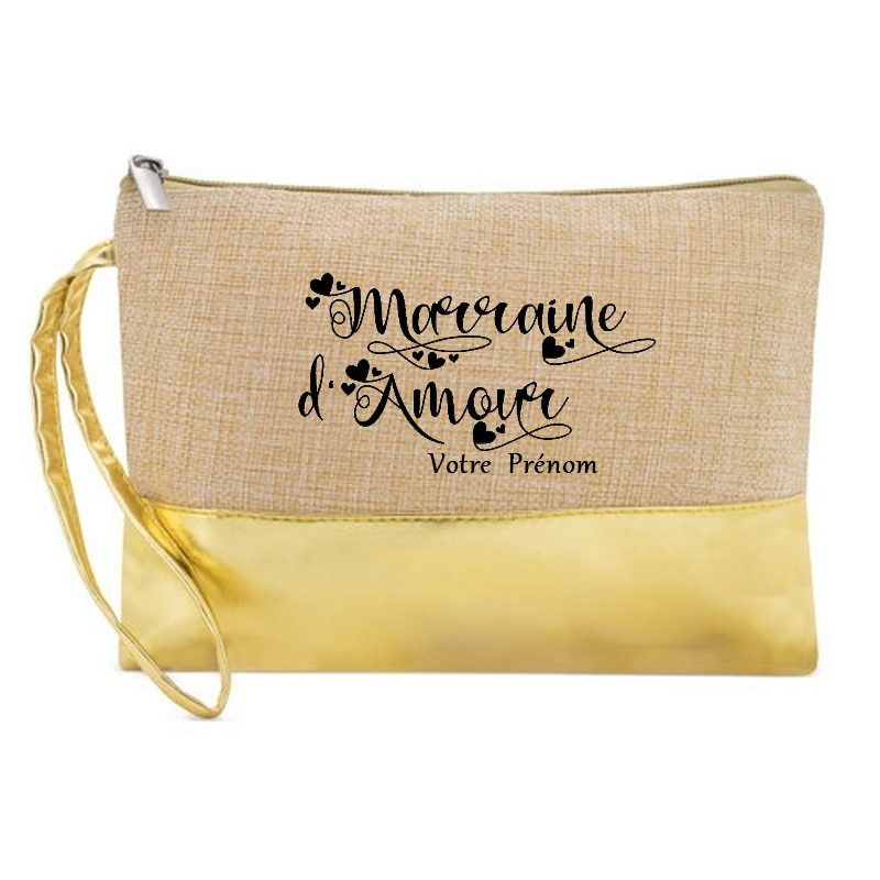 Pochette personnalisée marraine d'amour en jute et doré en jute et doré