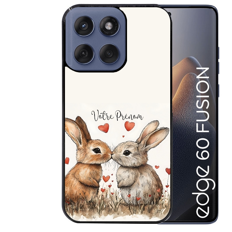Coque noire taperso pour Moto Edge 60 et Neo Fusion Pro avec motif lapin coeur avec prenom protection antichoc personnalisée
